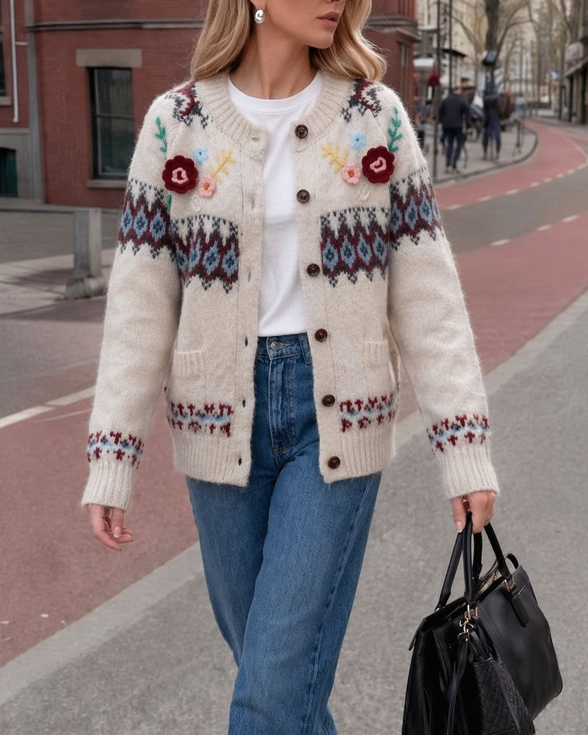 Floral Applique Fair Isle Button Cardigan - Off-White