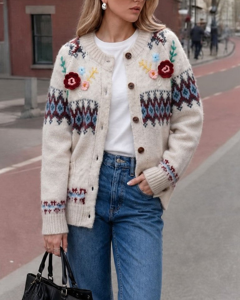 Floral Applique Fair Isle Button Cardigan - Off-White - 1