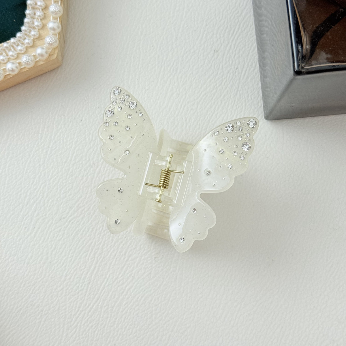 Butterfly Hair Claw Clip With Rhinestones - White
