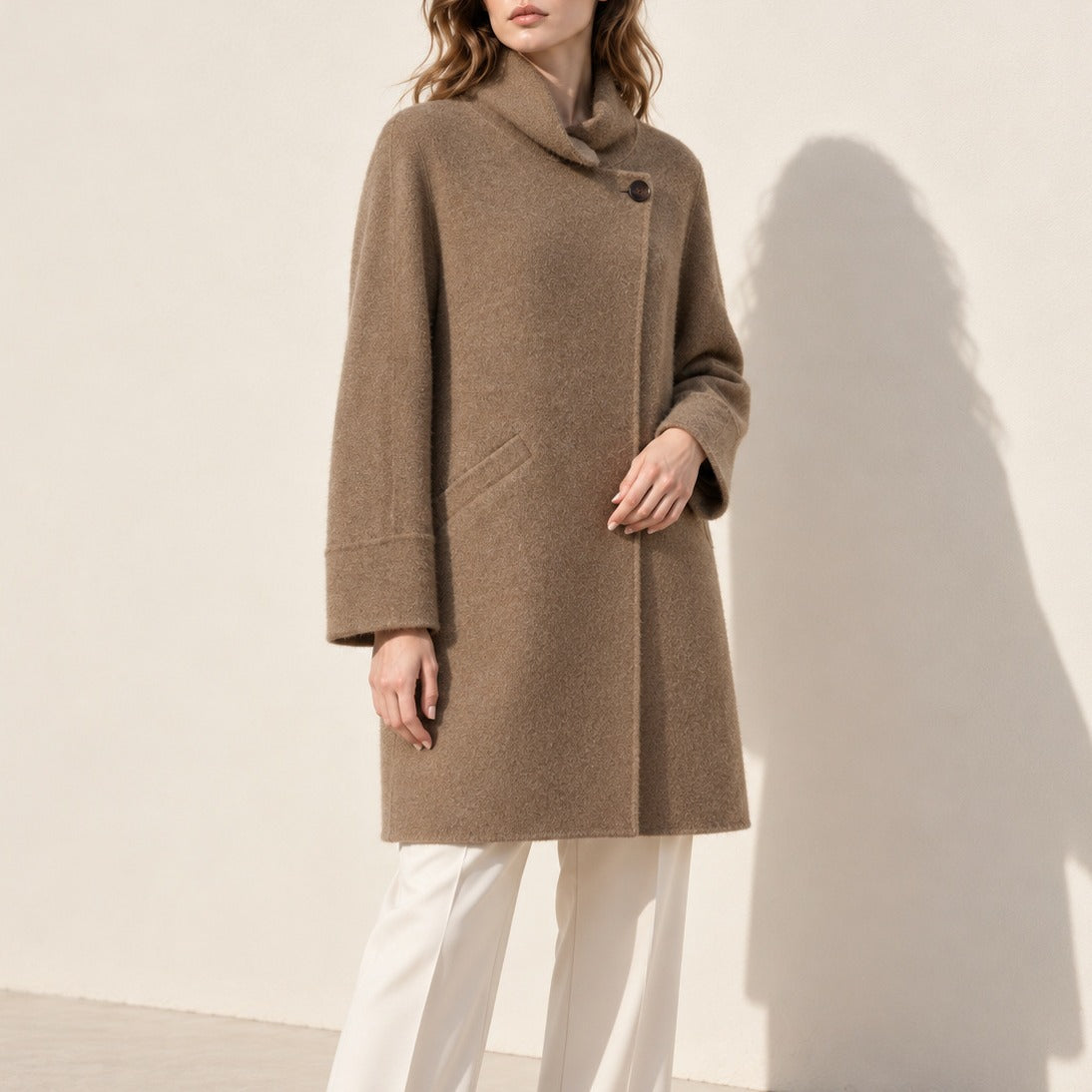 Camel Wool Stand Collar Mid-Length Cocoon Coat