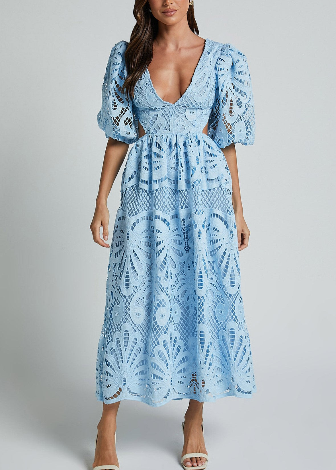 Puff Sleeve Lace Cutout Back Midi Dress - Blue