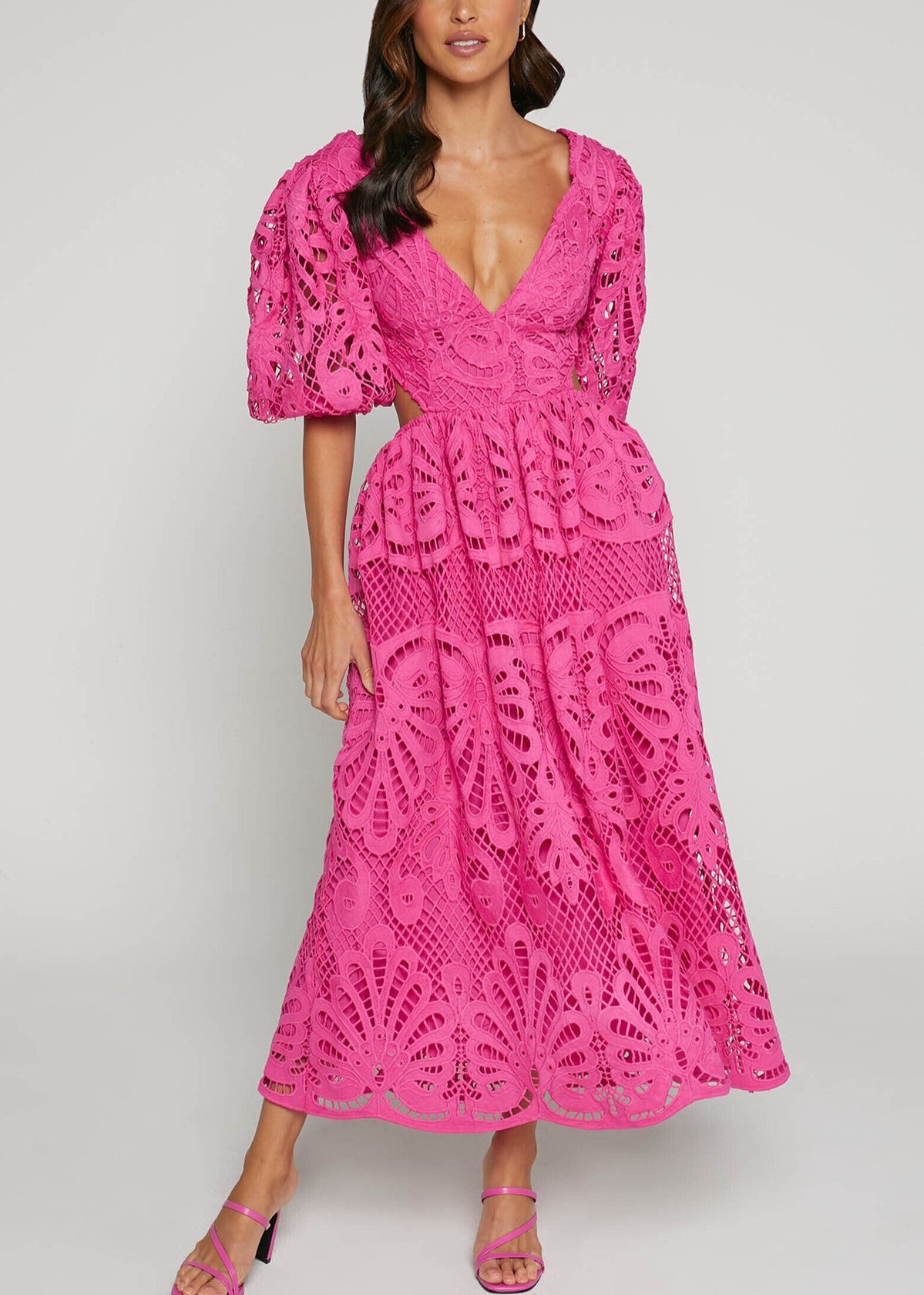 Puff Sleeve Lace Cutout Back Midi Dress - RoseRed