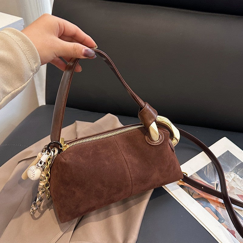 Faux Suede Baguette Bag with Gold Hardware