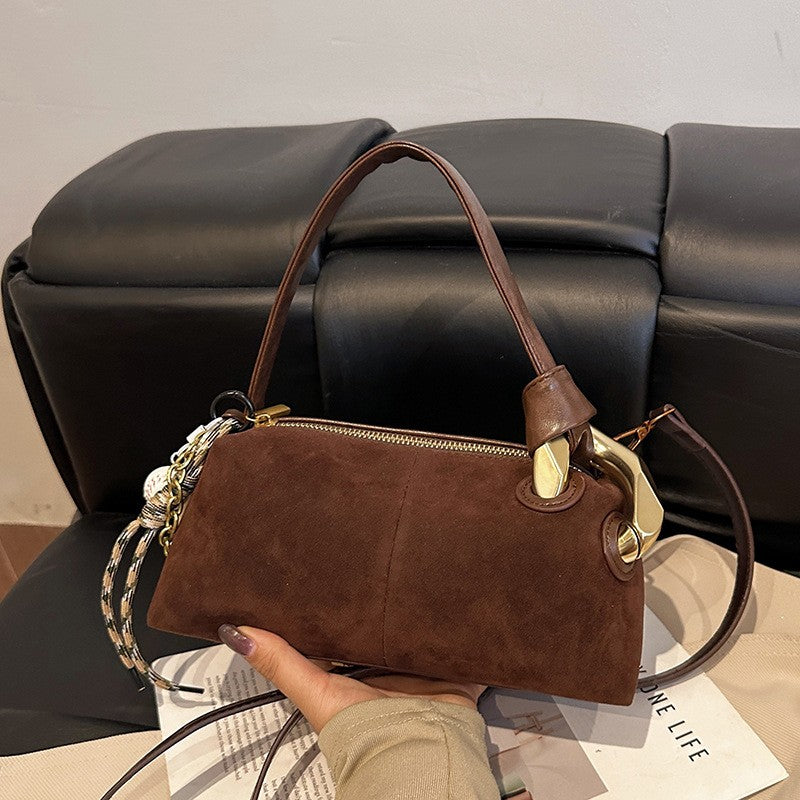 Faux Suede Baguette Bag with Gold Hardware