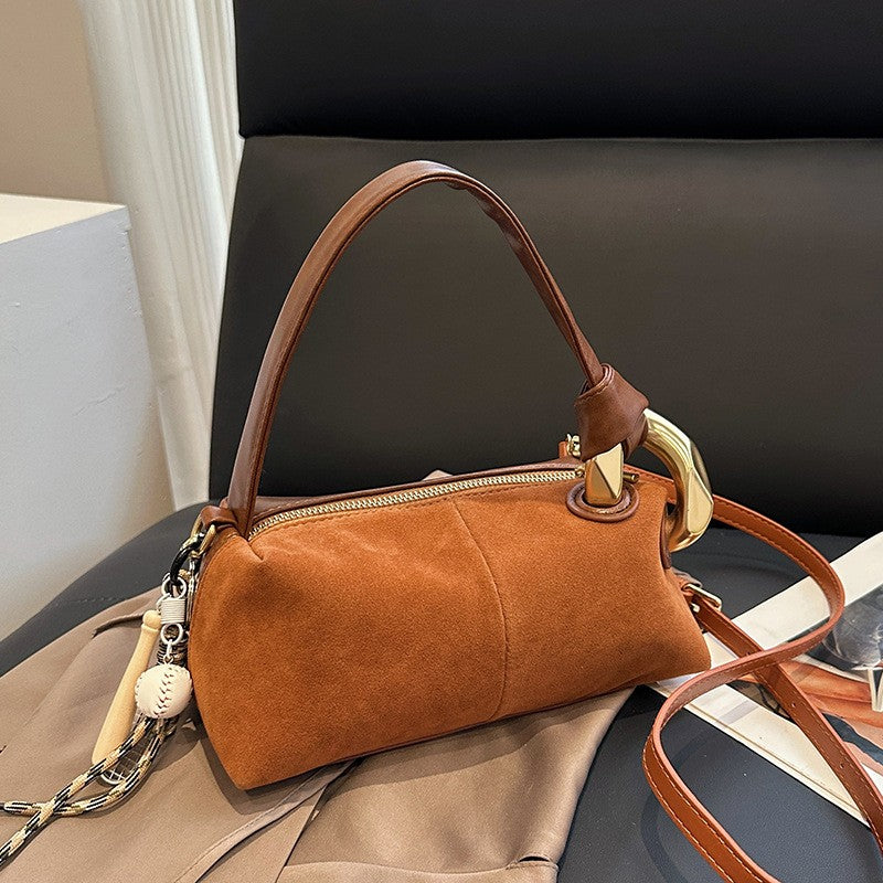 Faux Suede Baguette Bag with Gold Hardware