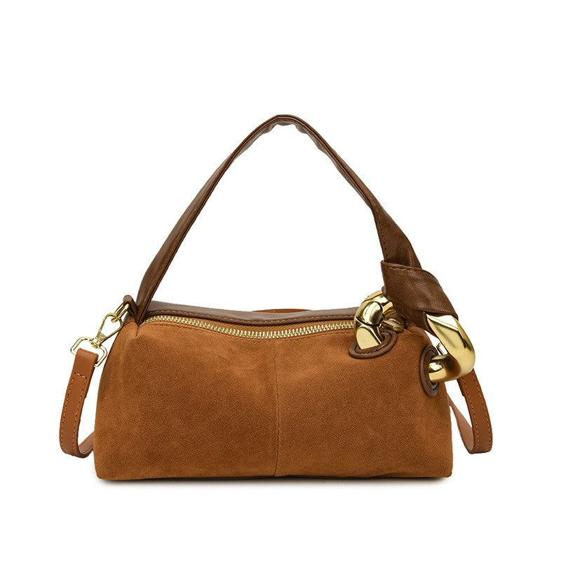 Faux Suede Baguette Bag with Gold Hardware