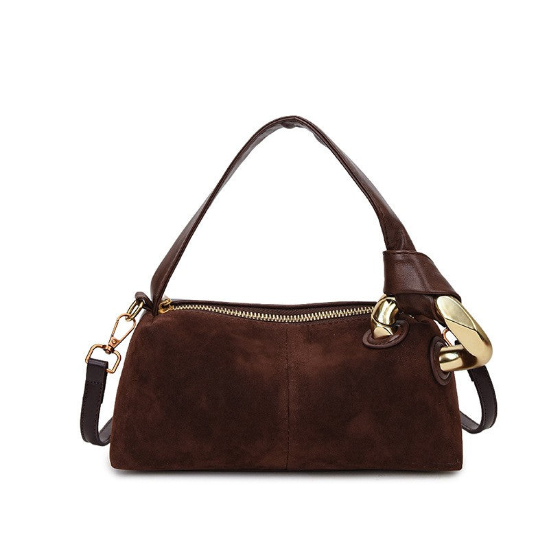 Faux Suede Baguette Bag with Gold Hardware