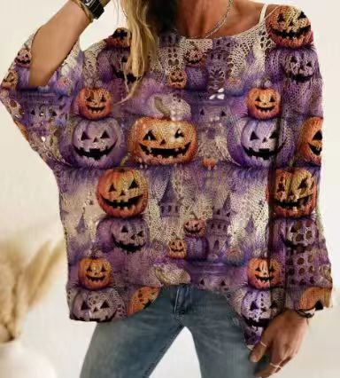 Halloween Print Open Knit Wide Neck Sweater Top - Cat