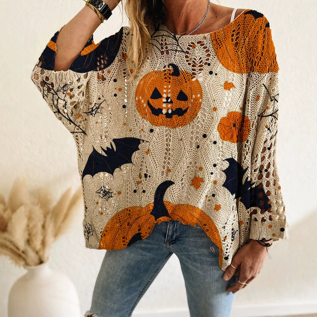 Halloween Print Open Knit Wide Neck Sweater Top - Pumpkin