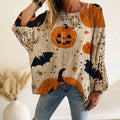 Halloween Print Open Knit Wide Neck Sweater Top - Pumpkin