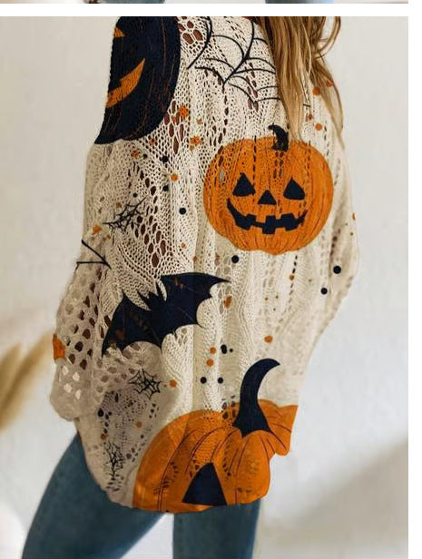Halloween Print Open Knit Wide Neck Sweater Top - Pumpkin - 1