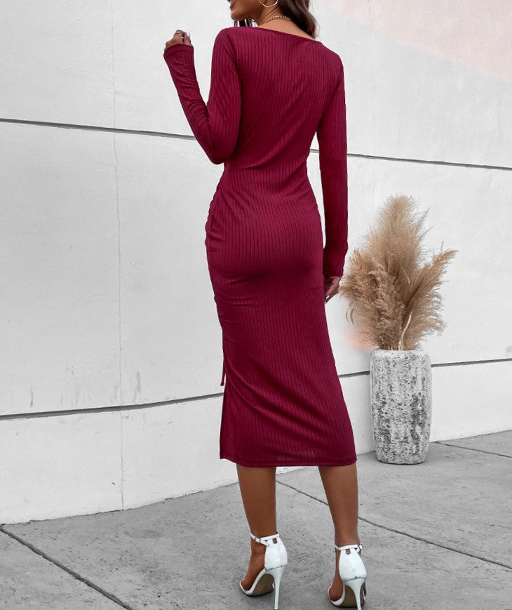 Square Neck Drawstring Ruched Slit Midi Dress - Wine - 2