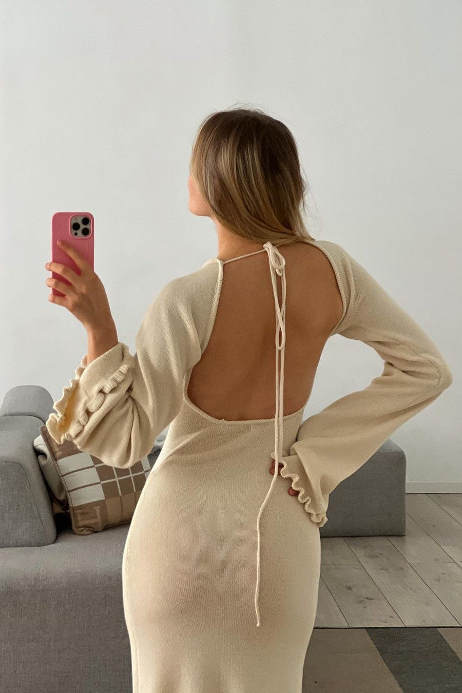 Open Back Knit Maxi Dress Lettuce Hem - Beige - 3