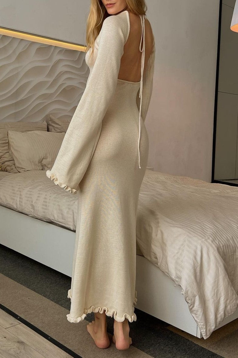 Open Back Knit Maxi Dress Lettuce Hem - Beige - 4