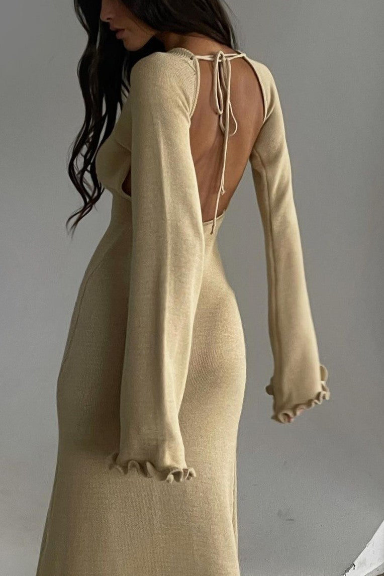 Open Back Knit Maxi Dress Lettuce Hem - Beige - 7