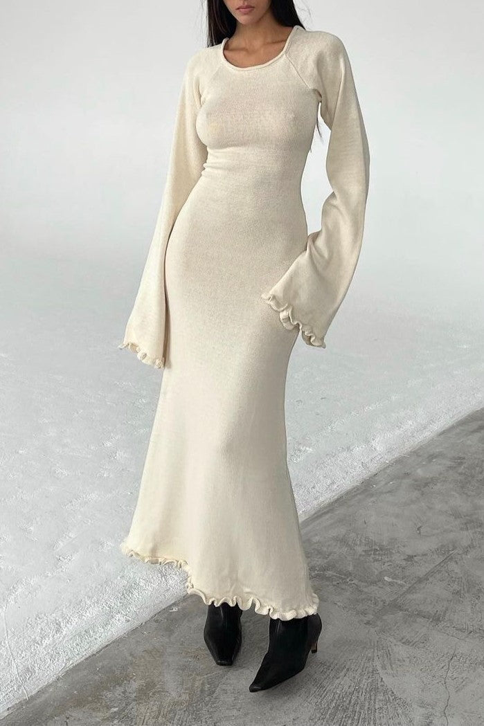 Open Back Knit Maxi Dress Lettuce Hem - Beige - 8