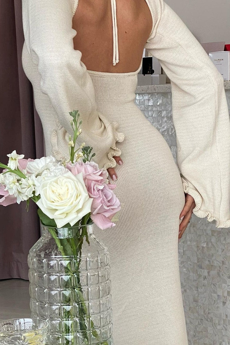 Open Back Knit Maxi Dress Lettuce Hem - Beige - 9