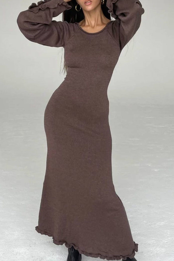 Open Back Knit Maxi Dress Lettuce Hem - Brown