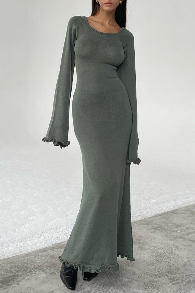 Open Back Knit Maxi Dress Lettuce Hem - Sage