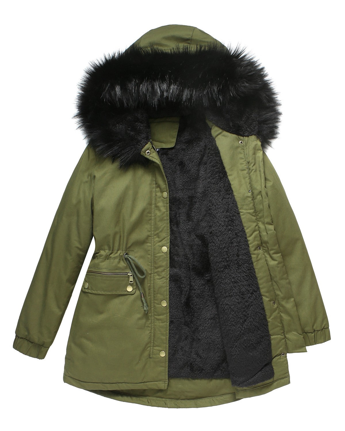 Fur Trim Hood Drawstring Waist Parka - Green