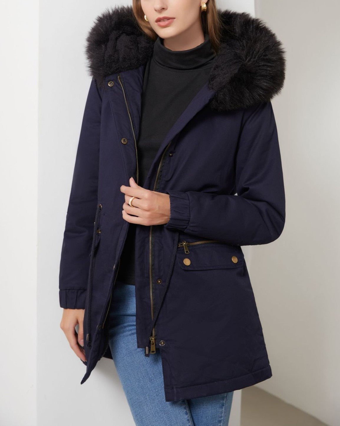 Fur Trim Hood Drawstring Waist Parka - TBlue