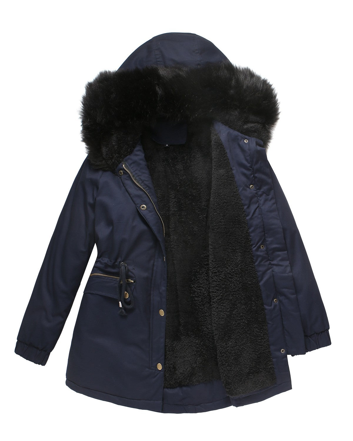Fur Trim Hood Drawstring Waist Parka - TBlue - 1