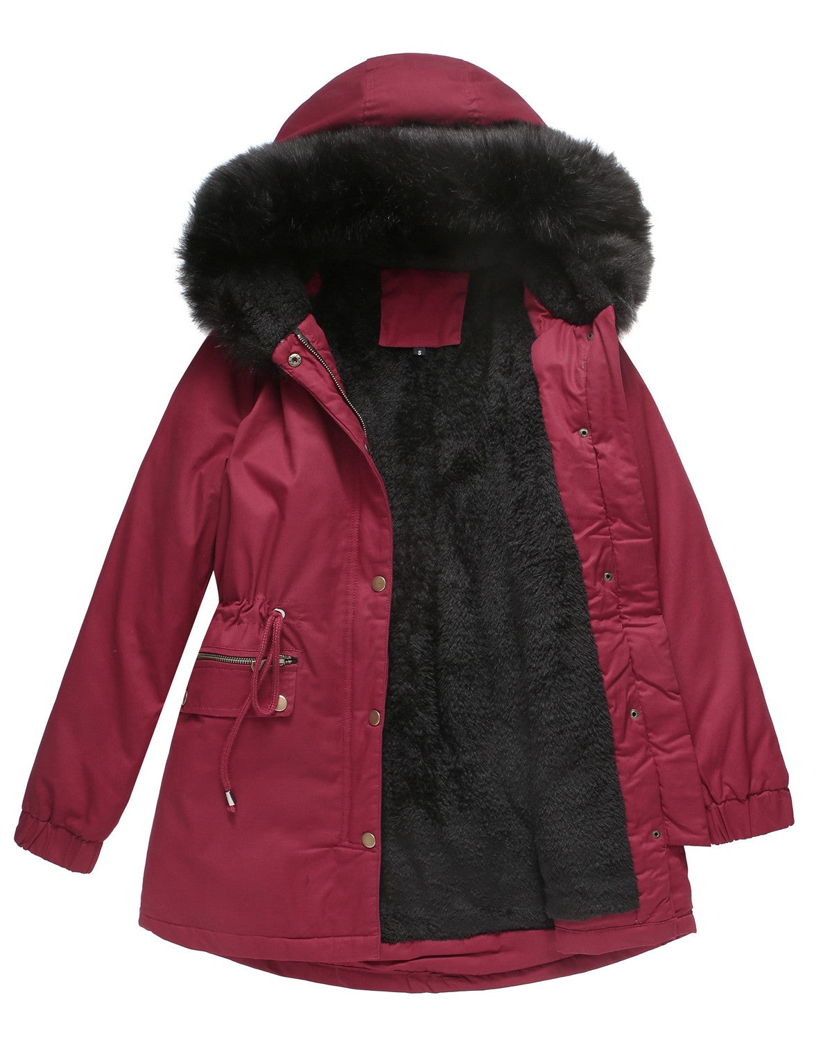 Fur Trim Hood Drawstring Waist Parka - Wine-Red