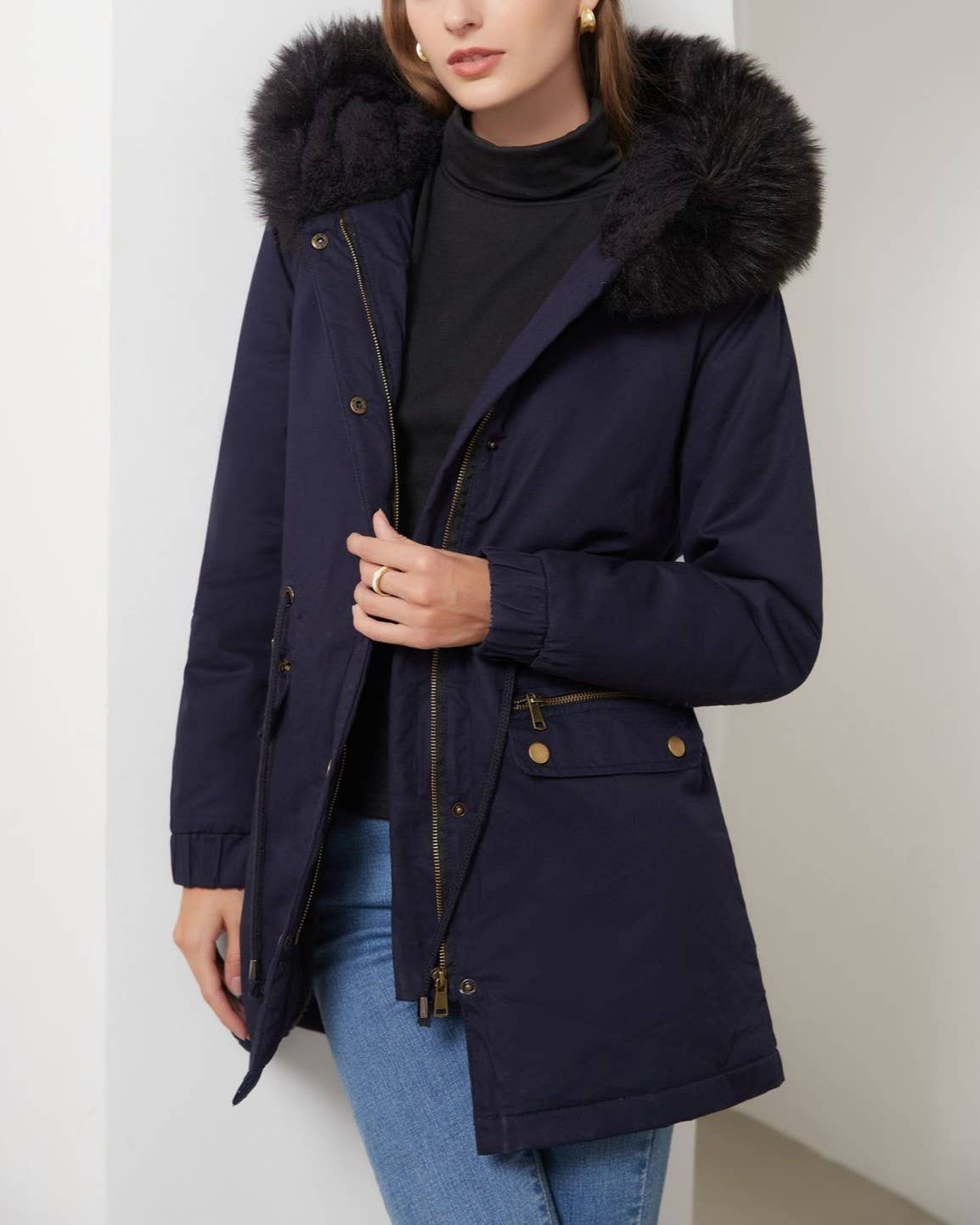 Fur Trim Hood Drawstring Waist Parka
