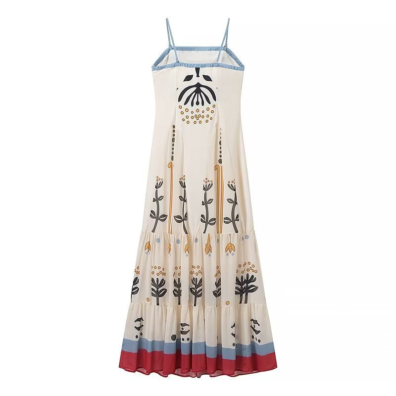 Folk Floral Print Tiered Strappy Sundress - Beige-R