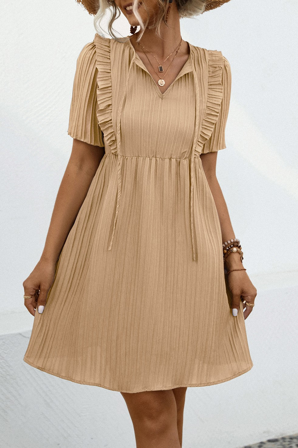 Textured Pleat Tie Neck Babydoll Dress - Beige - 1