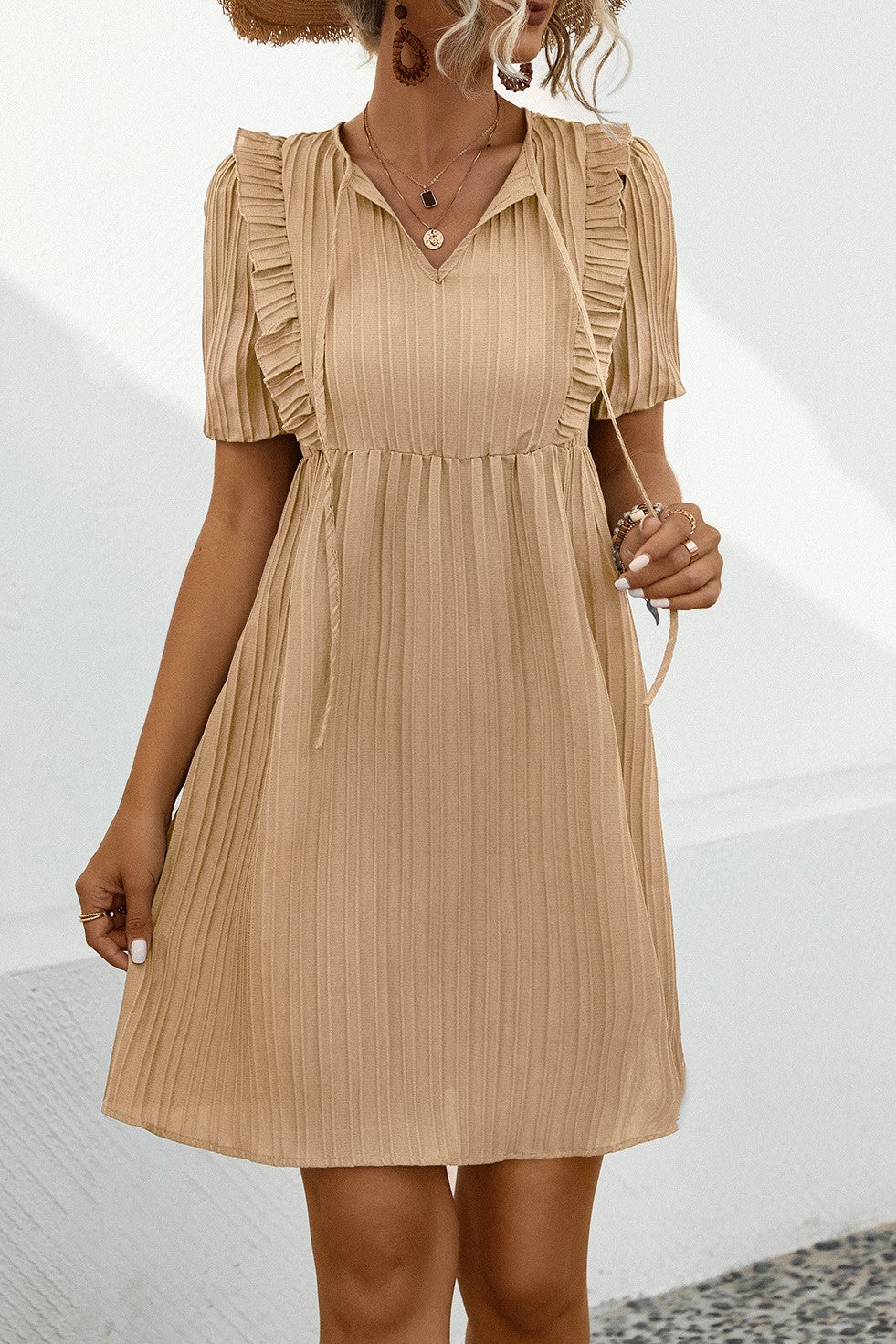 Textured Pleat Tie Neck Babydoll Dress - Beige - 2