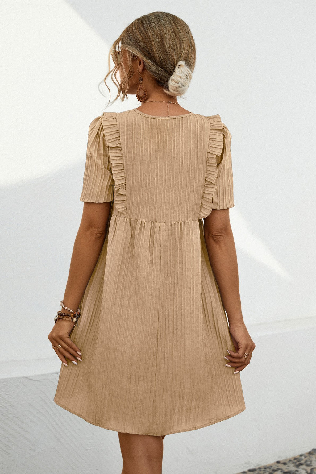 Textured Pleat Tie Neck Babydoll Dress - Beige - 5