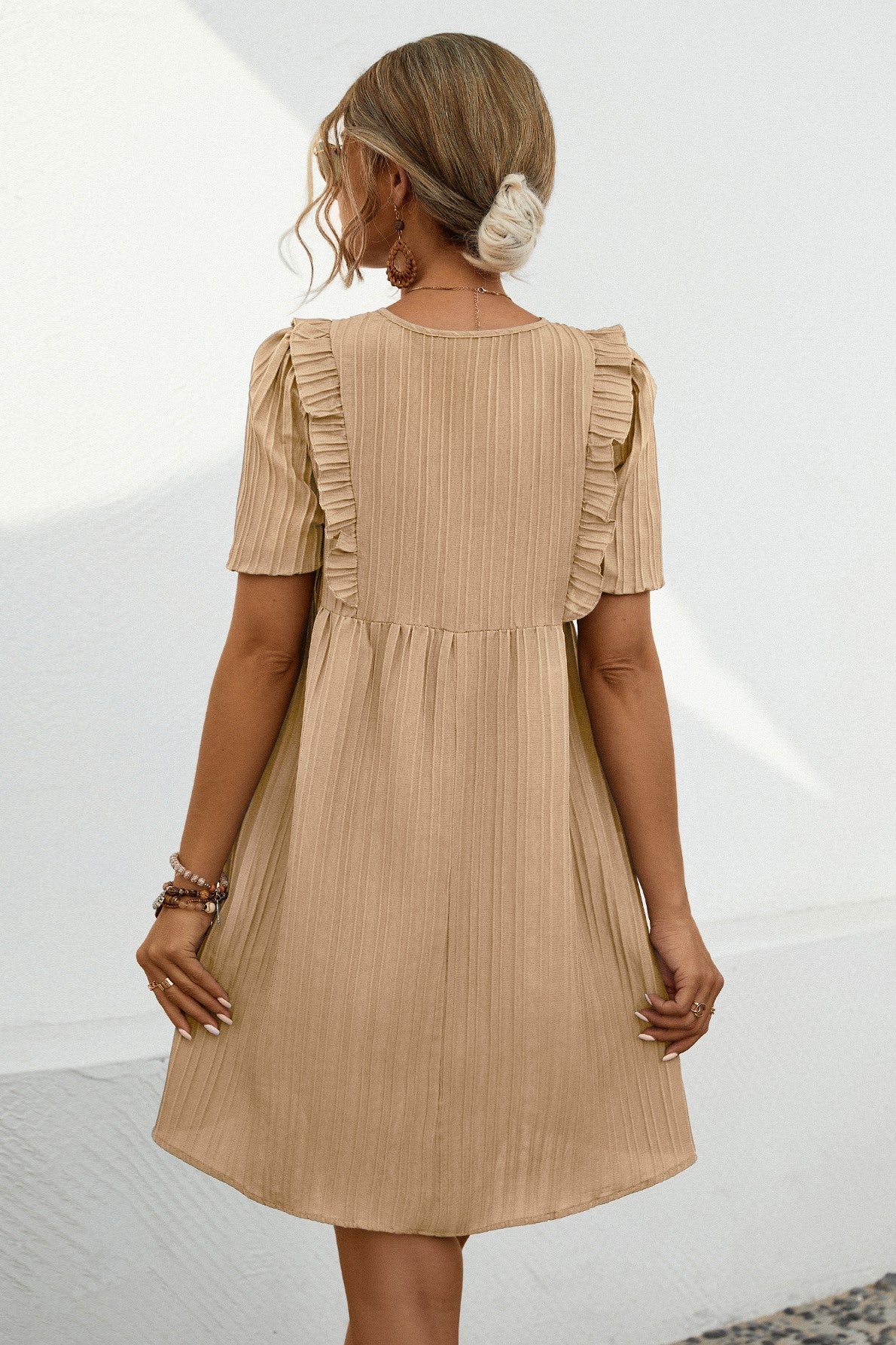 Textured Pleat Tie Neck Babydoll Dress - Beige - 5