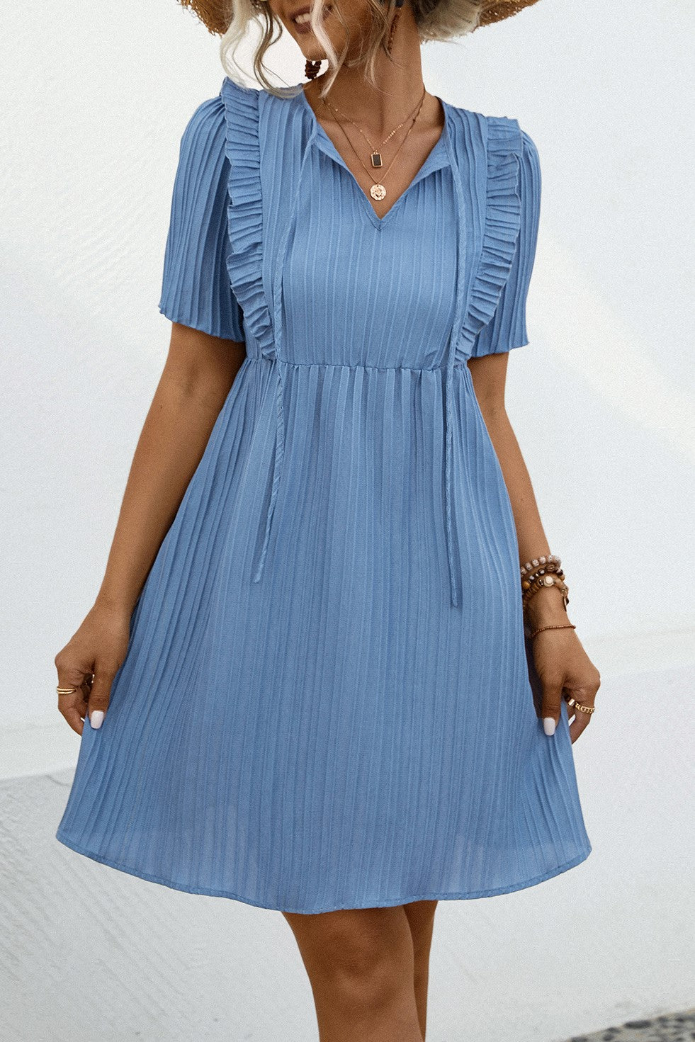 Textured Pleat Tie Neck Babydoll Dress - Blue