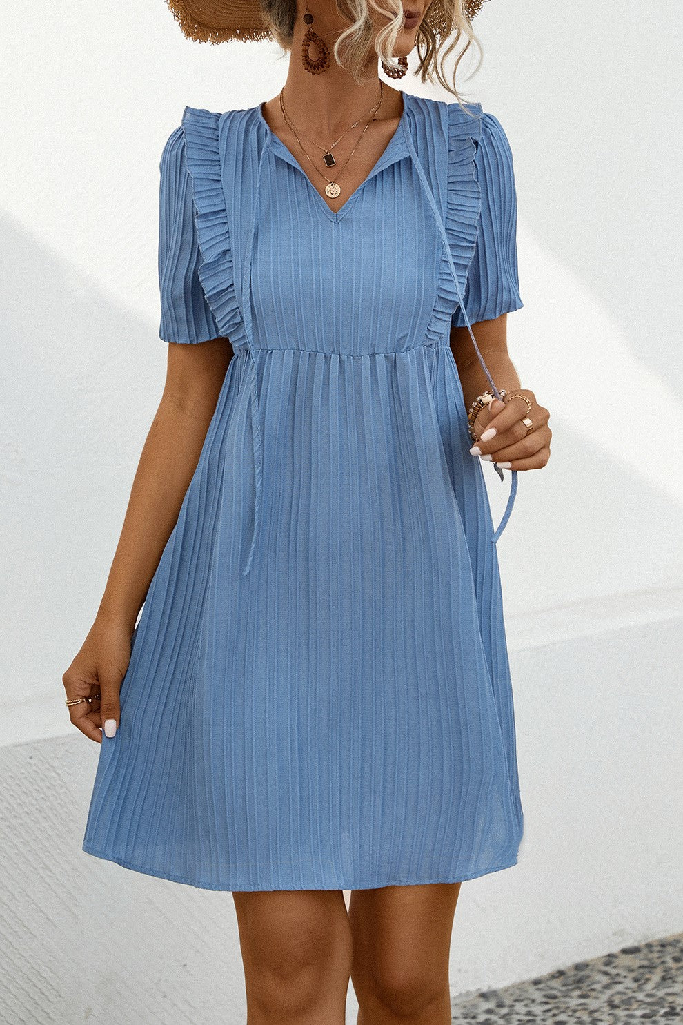 Textured Pleat Tie Neck Babydoll Dress - Blue - 1