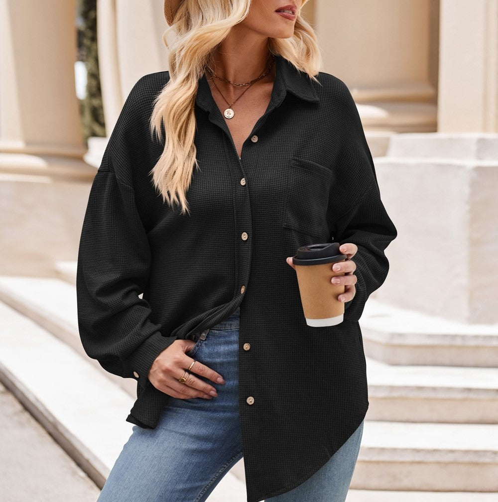 Oversized Waffle Knit Button Down Shirt - Black - 1