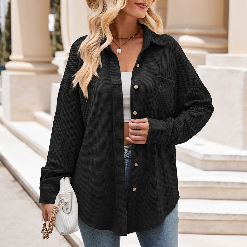 Oversized Waffle Knit Button Down Shirt - Black - 2