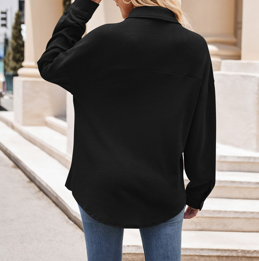 Oversized Waffle Knit Button Down Shirt - Black - 3