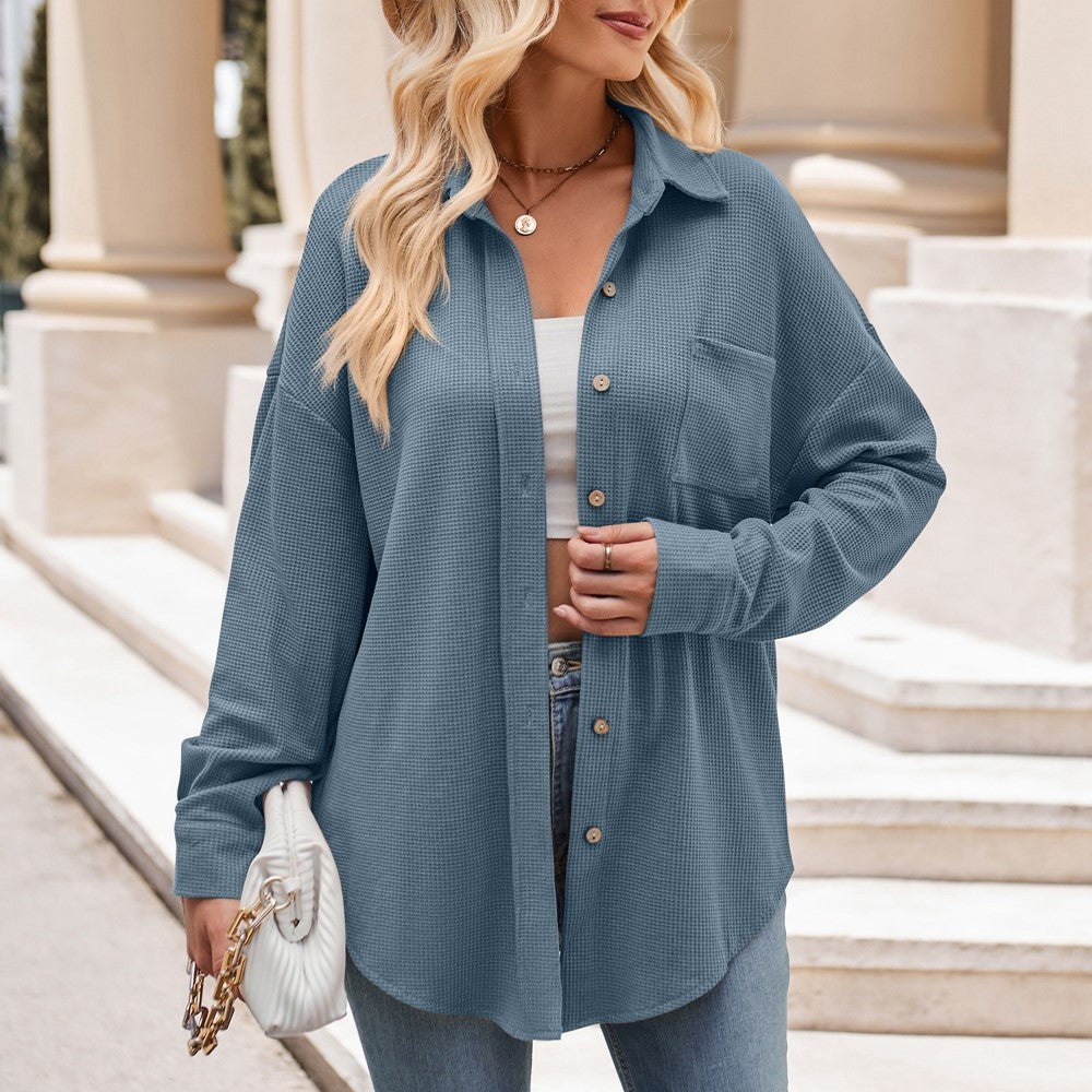Oversized Waffle Knit Button Down Shirt - Blue