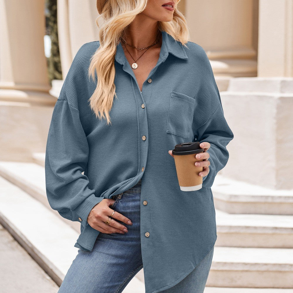 Oversized Waffle Knit Button Down Shirt - Blue - 2