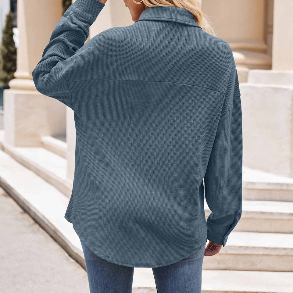 Oversized Waffle Knit Button Down Shirt - Blue - 3