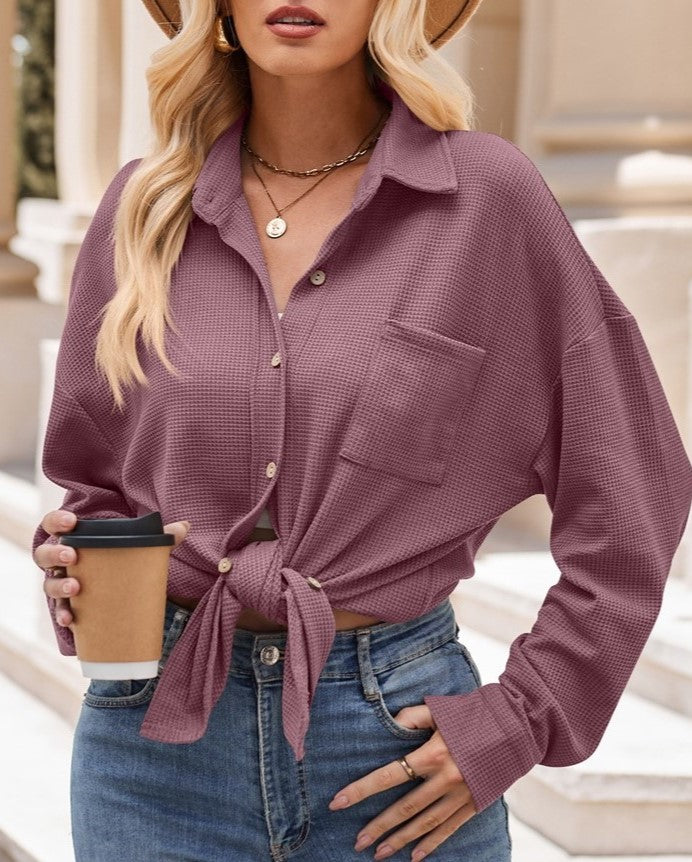 Oversized Waffle Knit Button Down Shirt - Purple