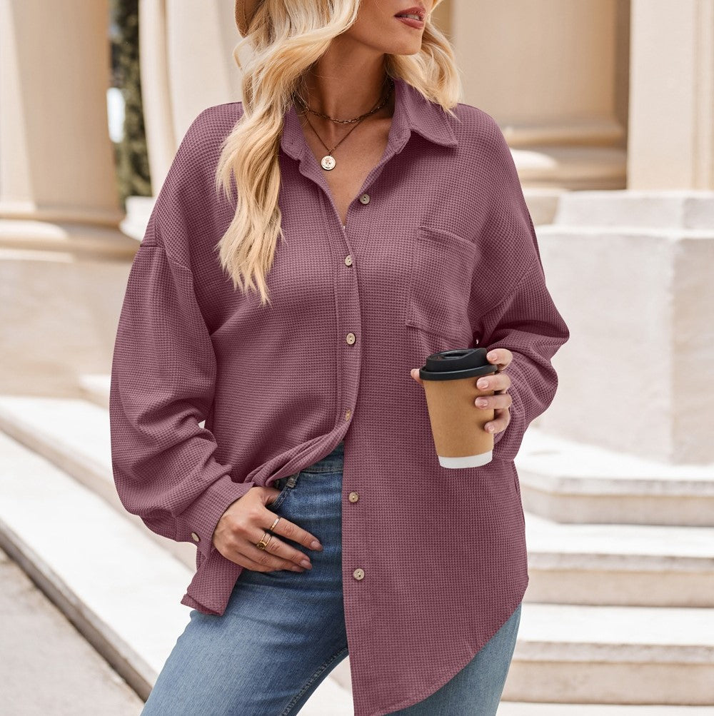 Oversized Waffle Knit Button Down Shirt - Purple - 1