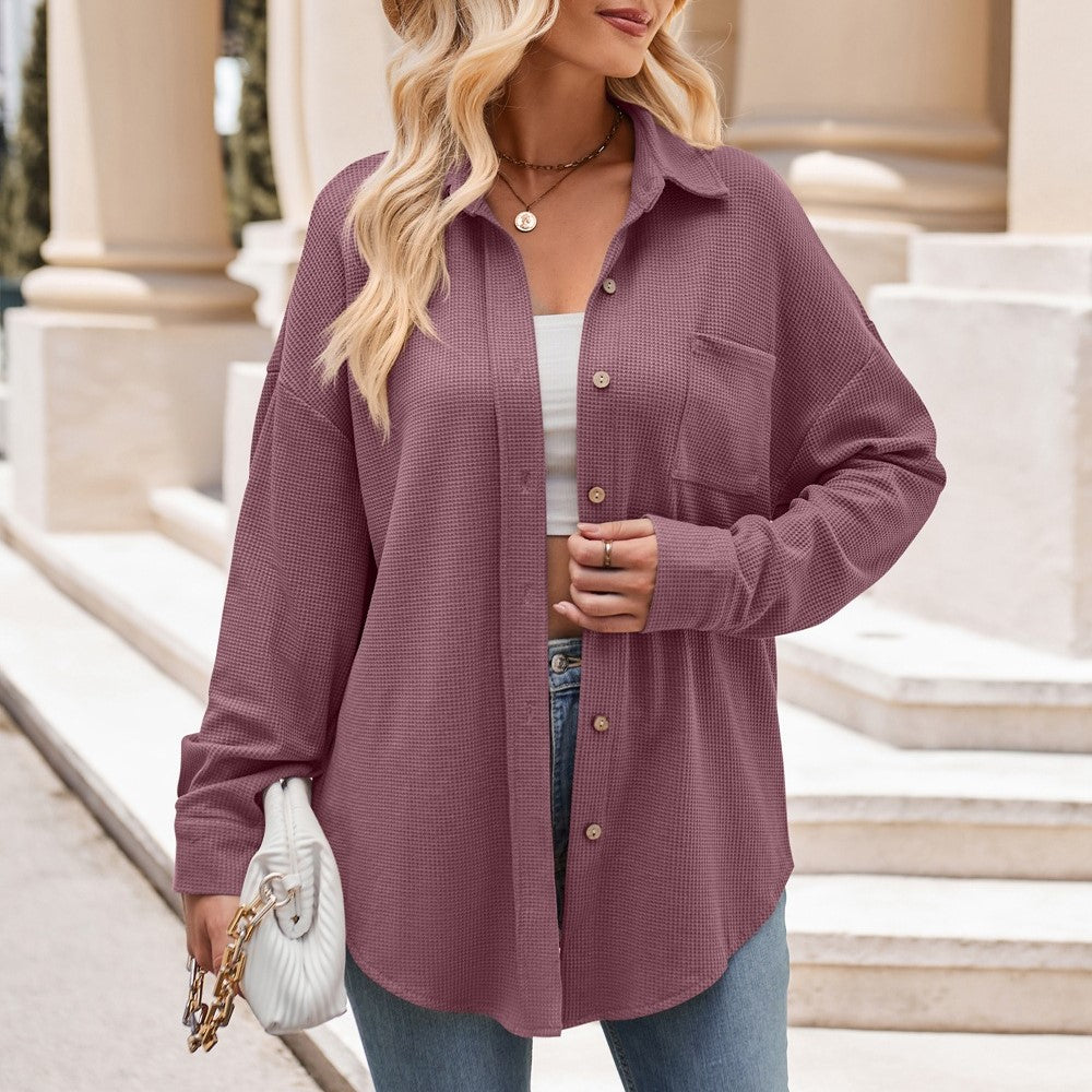 Oversized Waffle Knit Button Down Shirt - Purple - 2