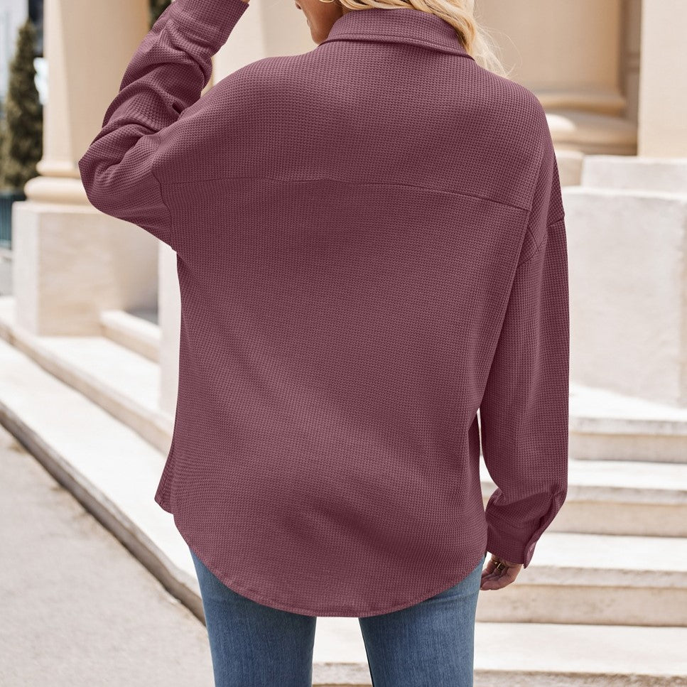 Oversized Waffle Knit Button Down Shirt - Purple - 3