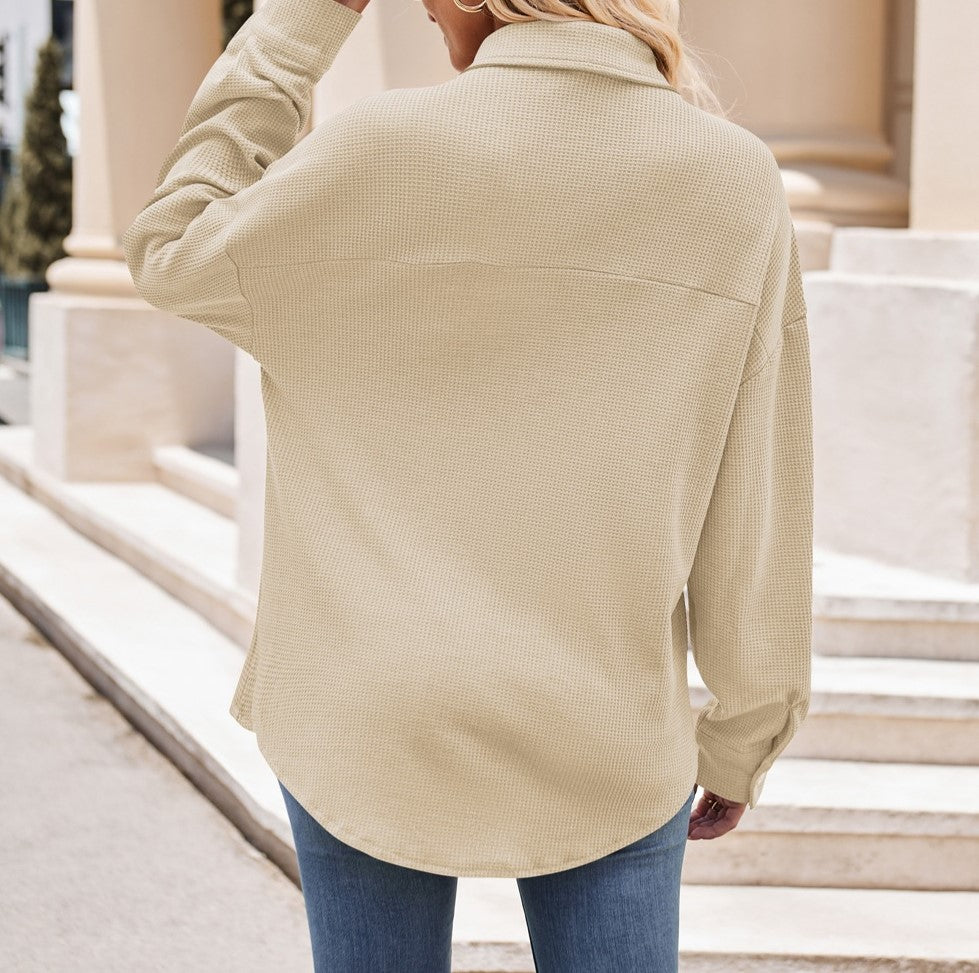 Oversized Waffle Knit Button Down Shirt - White - 3