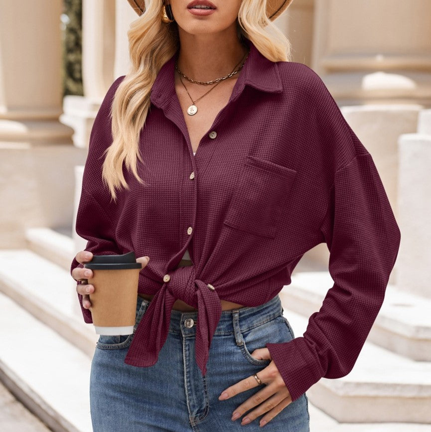 Oversized Waffle Knit Button Down Shirt - Wine Red - 1
