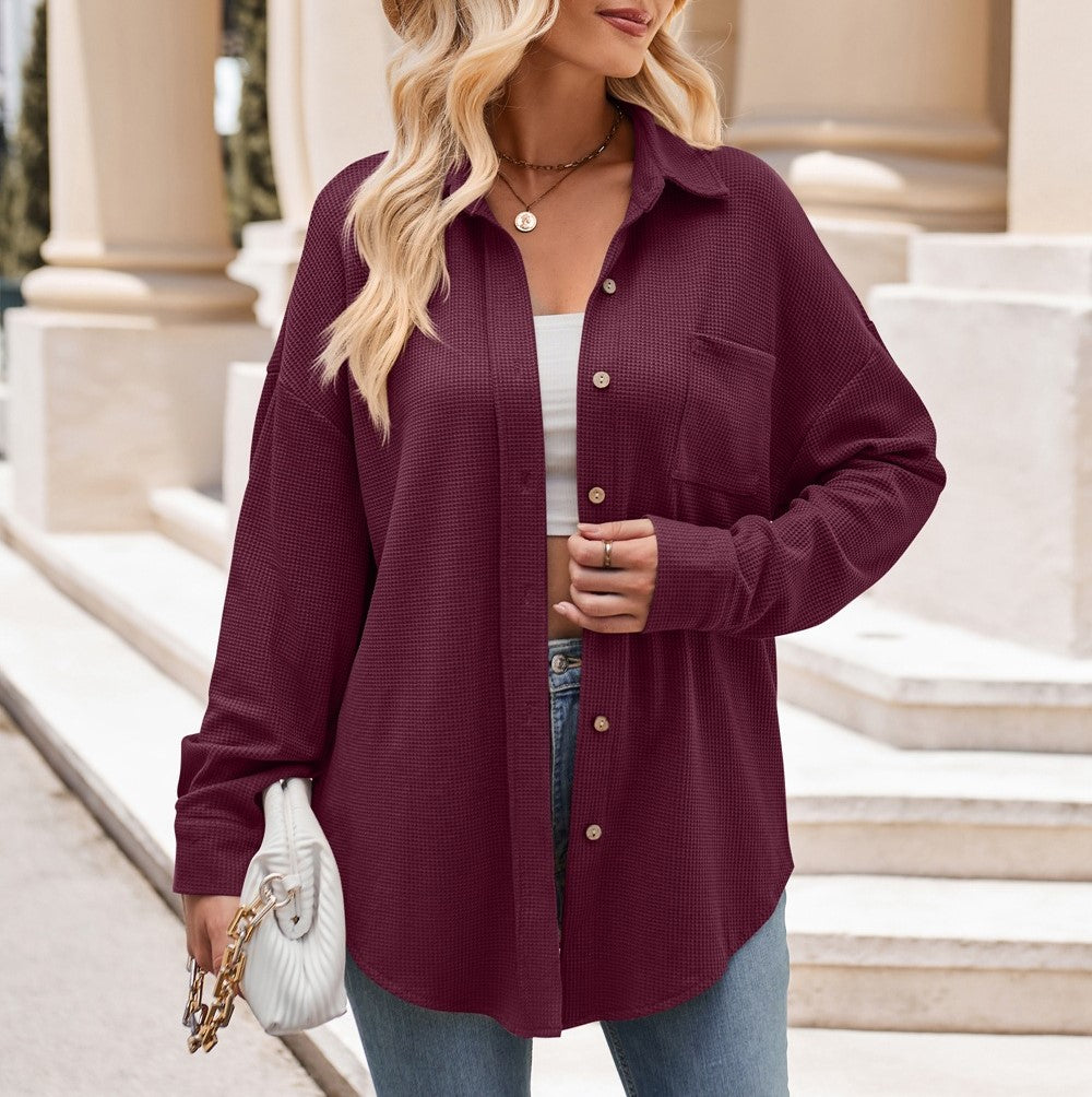 Oversized Waffle Knit Button Down Shirt - Wine Red - 2