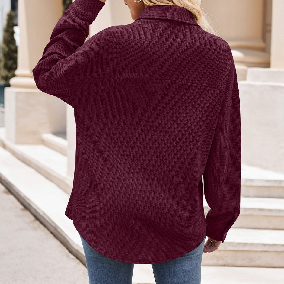 Oversized Waffle Knit Button Down Shirt - Wine Red - 3