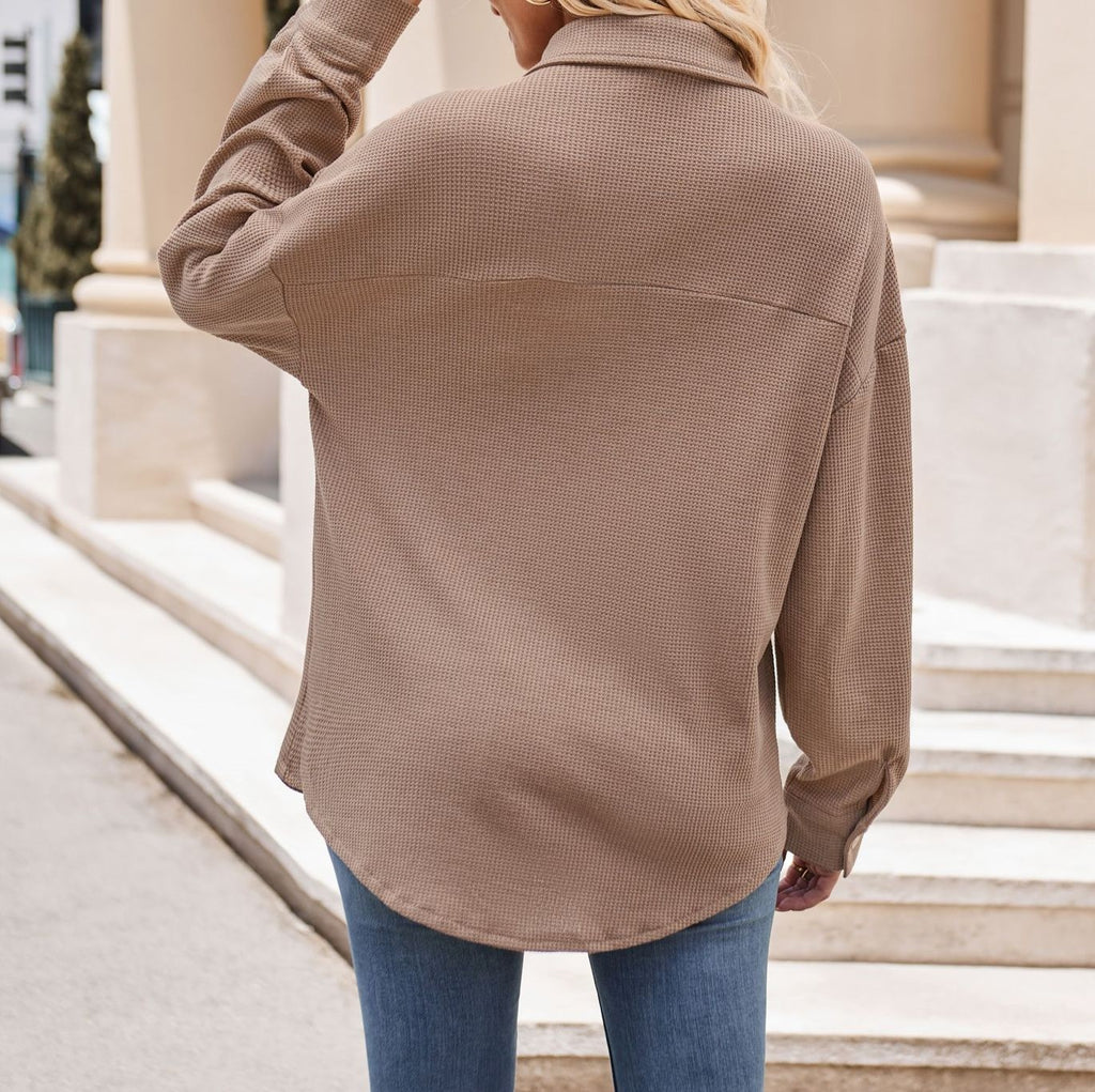 Oversized Waffle Knit Button Down Shirt - khaki - 2